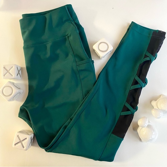 Hunter Green Pop Fit Leggings with Mesh Criss Cross Detail - Picture 1 of 8